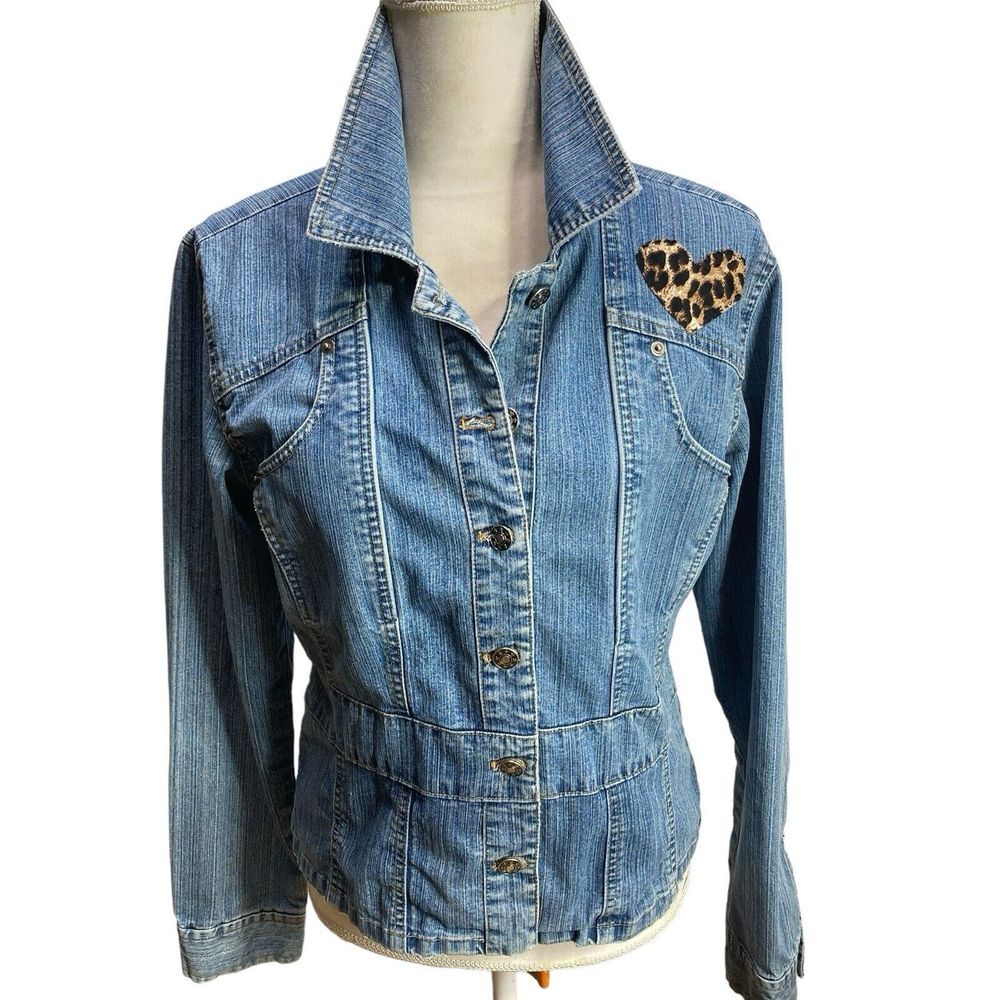 Vintage Billblass‎ Petite M Jeanswear Jacket Denim Blue Bill blass Leopard Heart